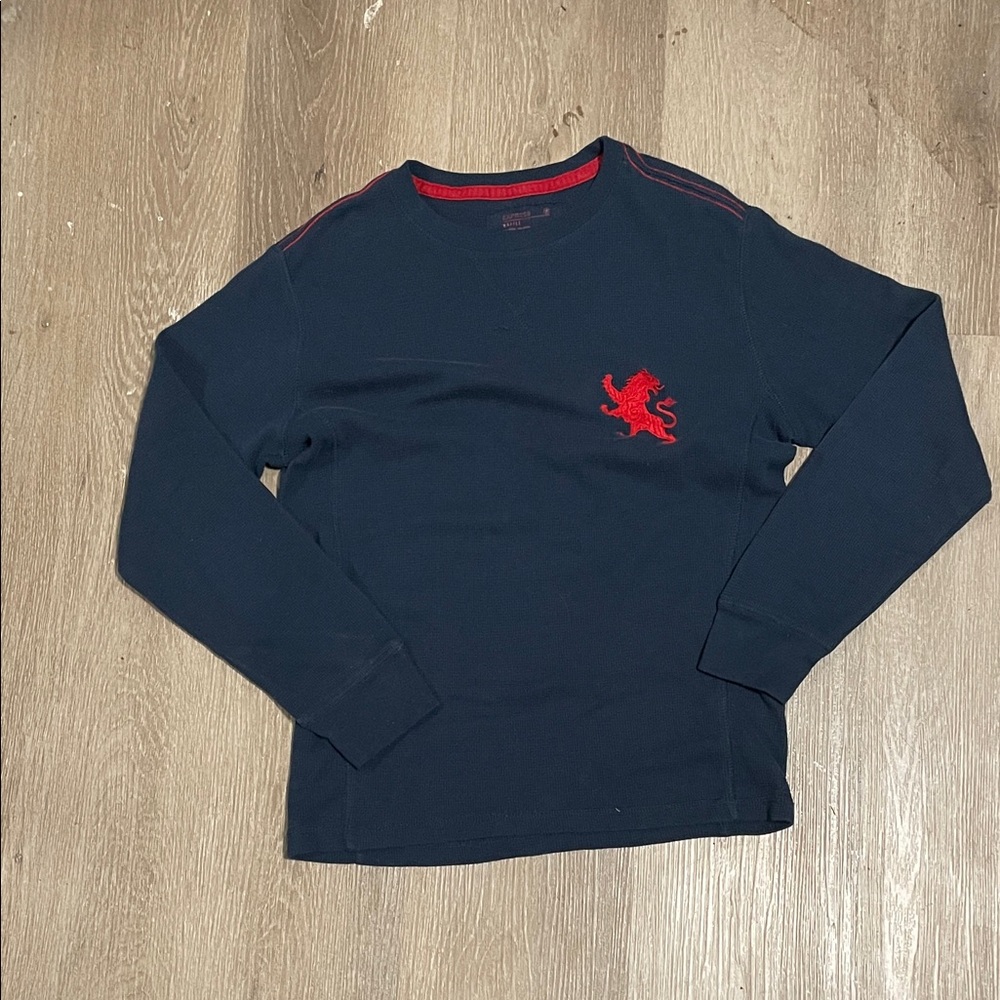Navy Waffle Long-Sleeve with Red Lion